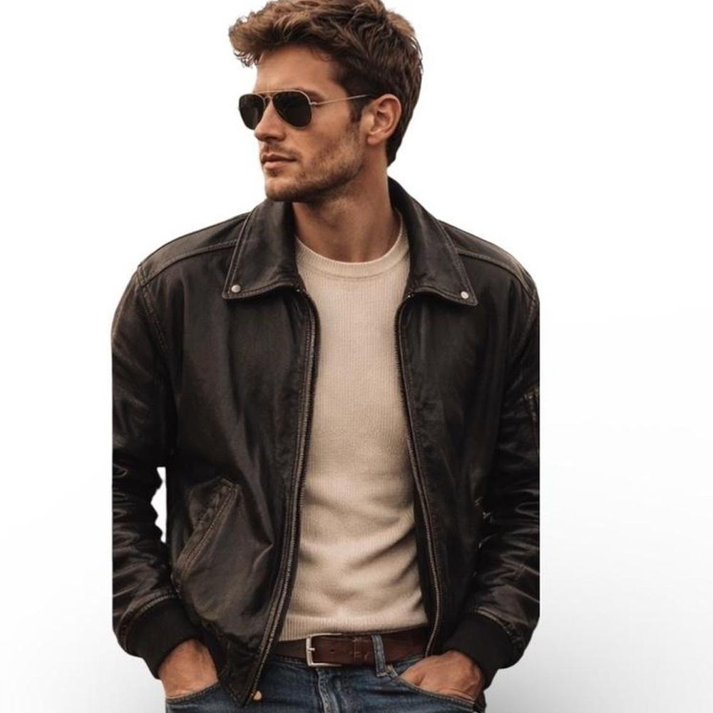 Roundtree & Yorke Leather Bomber Jacket Black Moto Classic Mens Small